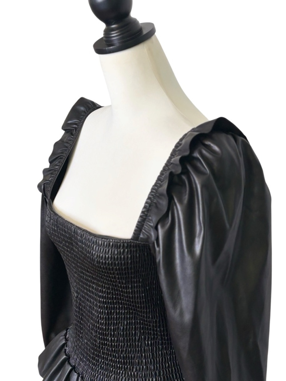7 FOR ALL MANKIND Faux Leather Smocked Peplum Top • Size M • Black - Picture 4 of 10